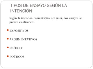 TIPOS DE ENSAYO SEGÚN LA
INTENCIÓN
Según la intención comunicativa del autor, los ensayos se
pueden clasificar en:
EXPOSITIVOS
ARGUMENTATIVOS
CRÍTICOS
POÉTICOS
 