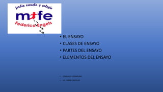 • EL ENSAYO
• CLASES DE ENSAYO
• PARTES DEL ENSAYO
• ELEMENTOS DEL ENSAYO
• LENGUA Y LITERATURA
• LIC. JORGE CASTILLO
 