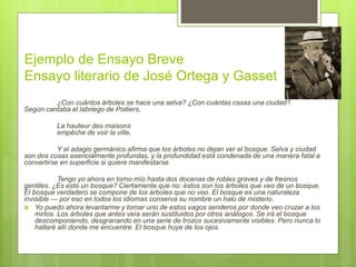 Ejemplo de Ensayo Breve
Ensayo literario de José Ortega y Gasset
¿Con cuántos árboles se hace una selva? ¿Con cuántas casas una ciudad?
Según cantaba el labriego de Poitiers,
La hauteur des maisons
empêche de voir la ville,
Y el adagio germánico afirma que los árboles no dejan ver el bosque. Selva y ciudad
son dos cosas esencialmente profundas, y la profundidad está condenada de una manera fatal a
convertirse en superficie si quiere manifestarse.
Tengo yo ahora en torno mío hasta dos docenas de robles graves y de fresnos
gentiles. ¿Es esto un bosque? Ciertamente que no: éstos son los árboles que veo de un bosque.
El bosque verdadero se compone de los árboles que no veo. El bosque es una naturaleza
invisible — por eso en todos los idiomas conserva su nombre un halo de misterio.
 Yo puedo ahora levantarme y tomar uno de estos vagos senderos por donde veo cruzar a los
mirlos. Los árboles que antes veía serán sustituidos por otros análogos. Se irá el bosque
descomponiendo, desgranando en una serie de trozos sucesivamente visibles. Pero nunca lo
hallaré allí donde me encuentre. El bosque huye de los ojos.
 