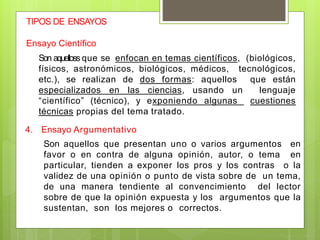 TIPOS DE ENSAYOS
Ensayo Científico
Son aquelloss que se enfocan en temas científicos, (biológicos,
físicos, astronómicos, biológicos, médicos, tecnológicos,
etc.), se realizan de dos formas: aquellos que están
especializados en las ciencias, usando un lenguaje
“científico” (técnico), y exponiendo algunas cuestiones
técnicas propias del tema tratado.
4. Ensayo Argumentativo
Son aquellos que presentan uno o varios argumentos en
favor o en contra de alguna opinión, autor, o tema en
particular, tienden a exponer los pros y los contras o la
validez de una opinión o punto de vista sobre de un tema,
de una manera tendiente al convencimiento del lector
sobre de que la opinión expuesta y los argumentos que la
sustentan, son los mejores o correctos.
 
