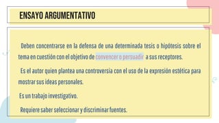 ENSAYO ARGUMENTATIVO
Deben concentrarse en la defensa de una determinada tesis o hipótesis sobre el
temaencuestiónconelobjetivodeconvenceropersuadir asusreceptores.
Es el autor quien plantea una controversia con el uso de la expresión estética para
mostrarsusideaspersonales.
Esuntrabajoinvestigativo.
Requieresaberseleccionarydiscriminarfuentes.
 