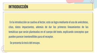 INTRODUCCIÓN
Enla introducción se cautiva al lector, esto se logra mediante el uso de anécdotas,
citas, datos impactantes, además de dar los primeros lineamientos de las
temáticas que serán planteadas en el cuerpo del texto, explicando conceptos que
puedenparecerinentendiblesparaelreceptor.
Sepresentalatesisdelensayo.
 