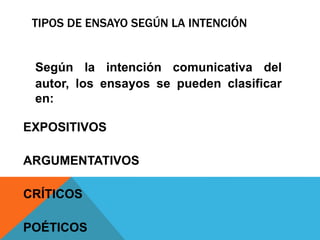 TIPOS DE ENSAYO SEGÚN LA INTENCIÓN
Según la intención comunicativa del
autor, los ensayos se pueden clasificar
en:
EXPOSITIVOS
ARGUMENTATIVOS
CRÍTICOS
POÉTICOS
 