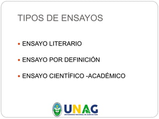 TIPOS DE ENSAYOS
 ENSAYO LITERARIO
 ENSAYO POR DEFINICIÓN
 ENSAYO CIENTÍFICO -ACADÉMICO
 