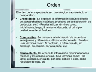 Orden El orden del ensayo puede ser: cronológico, causa-efecto o comparativo.  Cronológico : Se organiza la información según el criterio de  tiempo  (hechos históricos, procesos en la elaboración de productos, etc.) · Puedes utilizar términos como: Inicialmente, luego, finalmente, después, al principio, posteriormente, al final, etc.  Comparativo : Se presenta la información de acuerdo a semejanzas y diferencias utilizando el contraste.  Puedes usar términos como: Al contrario, a diferencia de, sin embargo, en cambio, por otra parte, etc.  Causa-efecto:   Se ordena la información mencionando las razones y las consecuencias.  Usa términos como: Por tanto, a consecuencia de, por esto, debido a esto, como resultado de esto, etc 