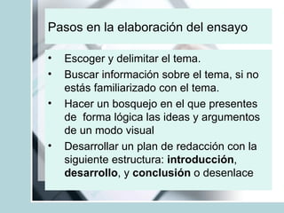 Pasos en la elaboración del ensayo Escoger y delimitar el tema.  Buscar información sobre el tema, si no estás familiarizado con el tema.  Hacer un bosquejo en el que presentes de  forma lógica las ideas y argumentos de un modo visual Desarrollar un plan de redacción con la siguiente estructura:  introducción ,  desarrollo , y  conclusión  o desenlace 