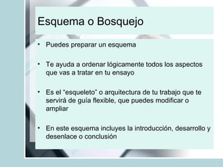 Esquema o Bosquejo Puedes preparar un esquema Te ayuda a ordenar lógicamente todos los aspectos que vas a tratar en tu ensayo Es el “esqueleto” o arquitectura de tu trabajo que te servirá de guía flexible, que puedes modificar o ampliar En este esquema incluyes la introducción, desarrollo y desenlace o conclusión 