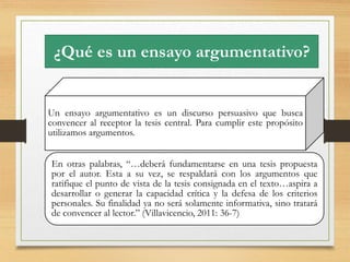 ¿Qué es un ensayo argumentativo? 
Un ensayo argumentativo es un discurso persuasivo que busca 
convencer al receptor la tesis central. Para cumplir este propósito 
utilizamos argumentos. 
En otras palabras, “…deberá fundamentarse en una tesis propuesta 
por el autor. Esta a su vez, se respaldará con los argumentos que 
ratifique el punto de vista de la tesis consignada en el texto…aspira a 
desarrollar o generar la capacidad crítica y la defesa de los criterios 
personales. Su finalidad ya no será solamente informativa, sino tratará 
de convencer al lector.” (Villavicencio, 2011: 36-7) 
 