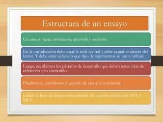 Estructura de un ensayo 
Un ensayo tiene: introducción, desarrollo y conclusión. 
En la introducción debe estar la tesis central y debe captar el interés del 
lector. Y debe estar señalado que tipo de argumentos se van a utilizar. 
Luego, escribimos los párrafos de desarrollo que deben tener citas de 
referencia y/o contenido. 
Finalmente, escribimos el párrafo de cierre o conclusión. 
Incluir al final las fuentes consultadas de acuerdo al formato APA o 
MLA. 
 