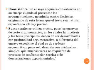  Consistente: un ensayo adquiere consistencia en
su cuerpo cuando al presentar las
argumentaciones, no admite contradicciones,
originando de esta forma que el texto sea natural,
espontáneo, claro y preciso.
 Sustentado: se utiliza mucho, pues los ensayos
de corte argumentativo, en los cuales la hipótesis
y las tesis principales, deben de ser desarrolladas
con profundidad argumentativa, a diferencia del
ensayo expositivo el cual es de carácter
esquemático, pues solo describe con evidencias
simples, que muchas veces no requieren de
procesos de confrontación teórica o de
demostraciones experimentales.”
Licda.C.GracielaParadaHerrera
11
 
