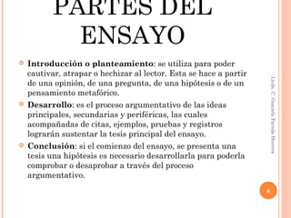PARTES DEL
ENSAYO
 Introducción o planteamiento: se utiliza para poder
cautivar, atrapar o hechizar al lector. Esta se hace a partir
de una opinión, de una pregunta, de una hipótesis o de un
pensamiento metafórico.
 Desarrollo: es el proceso argumentativo de las ideas
principales, secundarias y periféricas, las cuales
acompañadas de citas, ejemplos, pruebas y registros
lograrán sustentar la tesis principal del ensayo.
 Conclusión: si el comienzo del ensayo, se presenta una
tesis una hipótesis es necesario desarrollarla para poderla
comprobar o desaprobar a través del proceso
argumentativo.
Licda.C.GracielaParadaHerrera
6
 