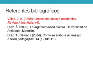 Referentes bibliográficos
• Vélez, J. A. (1999). Límites del ensayo académico.
Revista Alma Mater (4).
• Díaz, Á. (2002). La argumentación escrita. Universidad de
Antioquia. Medellín.
• Díaz H., Dámariz (2004). Cómo se elabora un ensayo.
Acción pedagógica, 13 (1),108-113.
 