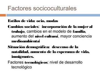 Factores socicoculturales
Estilos de vida: ocio, modas
Cambios sociales: incorporación de la mujeral
trabajo, cambios en e...