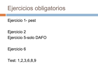 Ejercicios obligatorios
Ejercicio 1- pest
Ejercicio 2
Ejercicio 5-solo DAFO
Ejercicio 6
Test: 1,2,3,6,8,9
 
