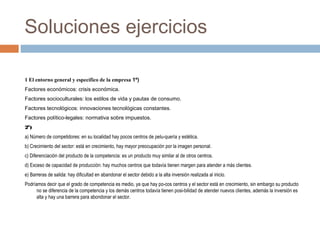 Soluciones ejercicios
1 El entorno general y específico de la empresa 1º)
Factores económicos: crisis económica.
Factores ...