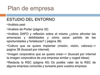 Plan de empresa
ESTUDIO DEL ENTORNO

Análisis pest

Analisis de Porter (página 32)

Análisis DAFO y reflexión sobre el ...