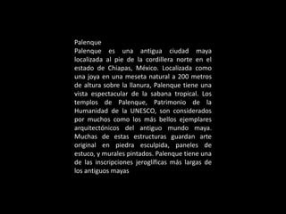 Palenque
Palenque es una antigua ciudad maya
localizada al pie de la cordillera norte en el
estado de Chiapas, México. Localizada como
una joya en una meseta natural a 200 metros
de altura sobre la llanura, Palenque tiene una
vista espectacular de la sabana tropical. Los
templos de Palenque, Patrimonio de la
Humanidad de la UNESCO, son considerados
por muchos como los más bellos ejemplares
arquitectónicos del antiguo mundo maya.
Muchas de estas estructuras guardan arte
original en piedra esculpida, paneles de
estuco, y murales pintados. Palenque tiene una
de las inscripciones jeroglíficas más largas de
los antiguos mayas
 