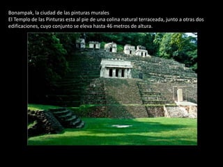 Bonampak, la ciudad de las pinturas murales
El Templo de las Pinturas esta al pie de una colina natural terraceada, junto a otras dos
edificaciones, cuyo conjunto se eleva hasta 46 metros de altura.
 