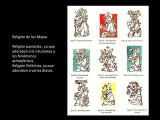 Religión de los Mayas
Religión panteísta , ya que
adoraban a la naturaleza y
los fenómenos
atmosféricos.
Religión Politeista, ya que
adoraban a varios dioses.
 