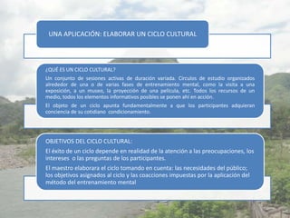 UNA APLICACIÓN: ELABORAR UN CICLO CULTURAL



¿QUÉ ES UN CICLO CULTURAL?
Un conjunto de sesiones activas de duración variada. Círculos de estudio organizados
alrededor de una o de varias fases de entrenamiento mental, como la visita a una
exposición, a un museo, la proyección de una película, etc. Todos los recursos de un
medio, todos los elementos informativos posibles se ponen ahí en acción.
El objeto de un ciclo apunta fundamentalmente a que los participantes adquieran
conciencia de su cotidiano condicionamiento.




OBJETIVOS DEL CICLO CULTURAL:
El éxito de un ciclo depende en realidad de la atención a las preocupaciones, los
intereses o las preguntas de los participantes.
El maestro elaborara el ciclo tomando en cuenta: las necesidades del público;
los objetivos asignados al ciclo y las coacciones impuestas por la aplicación del
método del entrenamiento mental
 