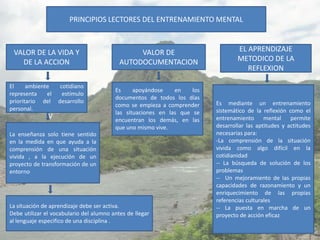 PRINCIPIOS LECTORES DEL ENTRENAMIENTO MENTAL



 VALOR DE LA VIDA Y                             VALOR DE                          EL APRENDIZAJE
   DE LA ACCION                            AUTODOCUMENTACION                      METODICO DE LA
                                                                                     REFLEXION

El     ambiente     cotidiano
                                         Es     apoyándose    en    los
representa    el     estímulo
                                         documentos de todos los días
prioritario del    desarrollo                                             Es mediante un entrenamiento
                                         como se empieza a comprender
personal.                                                                 sistemático de la reflexión como el
                                         las situaciones en las que se
               V                         encuentran los demás, en las     entrenamiento mental permite
                                         que uno mismo vive.              desarrollar las aptitudes y actitudes
La enseñanza solo tiene sentido                                           necesarias para:
en la medida en que ayuda a la                                            -La comprensión de la situación
comprensión de una situación                                              vivida como algo difícil en la
vivida , a la ejecución de un                                             cotidianidad
proyecto de transformación de un                                          -- La búsqueda de solución de los
entorno                                                                   problemas
                                                                          -- Un mejoramiento de las propias
                                                                          capacidades de razonamiento y un
                                                                          enriquecimiento de las propias
                                                                          referencias culturales
La situación de aprendizaje debe ser activa.                              -- La puesta en marcha de un
Debe utilizar el vocabulario del alumno antes de llegar                   proyecto de acción eficaz
al lenguaje especifico de una disciplina .
 