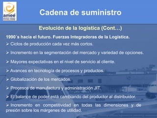 1990´s hacia el futuro. Fuerzas Integradoras de la Logística.
 Ciclos de producción cada vez más cortos.
 Mayores expectativas en el nivel de servicio al cliente.
 Avances en tecnología de procesos y productos.
 Incremento en la segmentación del mercado y variedad de opciones.
 Globalización de los mercados.
 Procesos de manufactura y administración JIT.
 El balance de poder está cambiando del productor al distribuidor.
 Incremento en competitividad en todas las dimensiones y de
presión sobre los márgenes de utilidad.
Cadena de suministro
Evolución de la logística (Cont…)
 