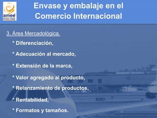 3. Área Mercadológica.
* Diferenciación,
* Formatos y tamaños.
* Rentabilidad,
* Relanzamiento de productos,
* Valor agregado al producto,
* Extensión de la marca,
* Adecuación al mercado,
Envase y embalaje en el
Comercio Internacional
 