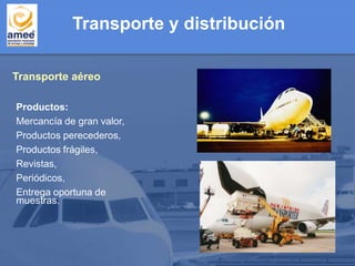 Transporte aéreo
Transporte y distribución
Productos:
Mercancía de gran valor,
Productos perecederos,
Productos frágiles,
Revistas,
Periódicos,
Entrega oportuna de
muestras.
 