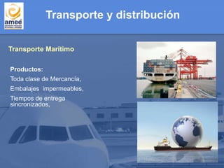 Transporte y distribución
Productos:
Toda clase de Mercancía,
Embalajes impermeables,
Tiempos de entrega
sincronizados,
Transporte Marítimo
 
