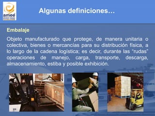 Algunas definiciones…
Embalaje
Objeto manufacturado que protege, de manera unitaria o
colectiva, bienes o mercancías para su distribución física, a
lo largo de la cadena logística; es decir, durante las “rudas”
operaciones de manejo, carga, transporte, descarga,
almacenamiento, estiba y posible exhibición.
 