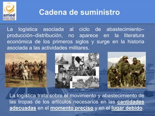 Cadena de suministro
La logística asociada al ciclo de abastecimiento–
producción–distribución, no aparece en la literatura
económica de los primeros siglos y surge en la historia
asociada a las actividades militares.
La logística trata sobre el movimiento y abastecimiento de
las tropas de los artículos necesarios en las cantidades
adecuadas en el momento preciso y en el lugar debido.
 