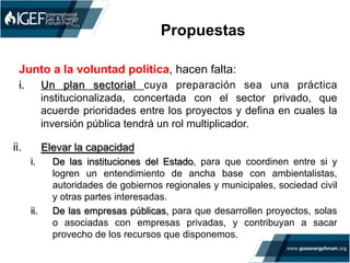 Propuestas
Junto a la voluntad política, hacen falta:
i.  Un plan sectorial cuya preparación sea una práctica
institucionalizada, concertada con el sector privado, que
acuerde prioridades entre los proyectos y defina en cuales la
inversión pública tendrá un rol multiplicador.
ii. Elevar la capacidad
i.  De las instituciones del Estado, para que coordinen entre si y
logren un entendimiento de ancha base con ambientalistas,
autoridades de gobiernos regionales y municipales, sociedad civil
y otras partes interesadas.
ii.  De las empresas públicas, para que desarrollen proyectos, solas
o asociadas con empresas privadas, y contribuyan a sacar
provecho de los recursos que disponemos.
	
  
 