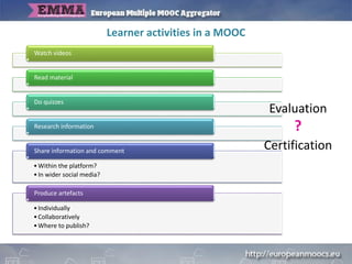 Learner activities in a MOOC
Watch videos
Read material
Do quizzes
Research information
•Within the platform?
•In wider social media?
Share information and comment
•Individually
•Collaboratively
•Where to publish?
Produce artefacts
Evaluation
?
Certification
 