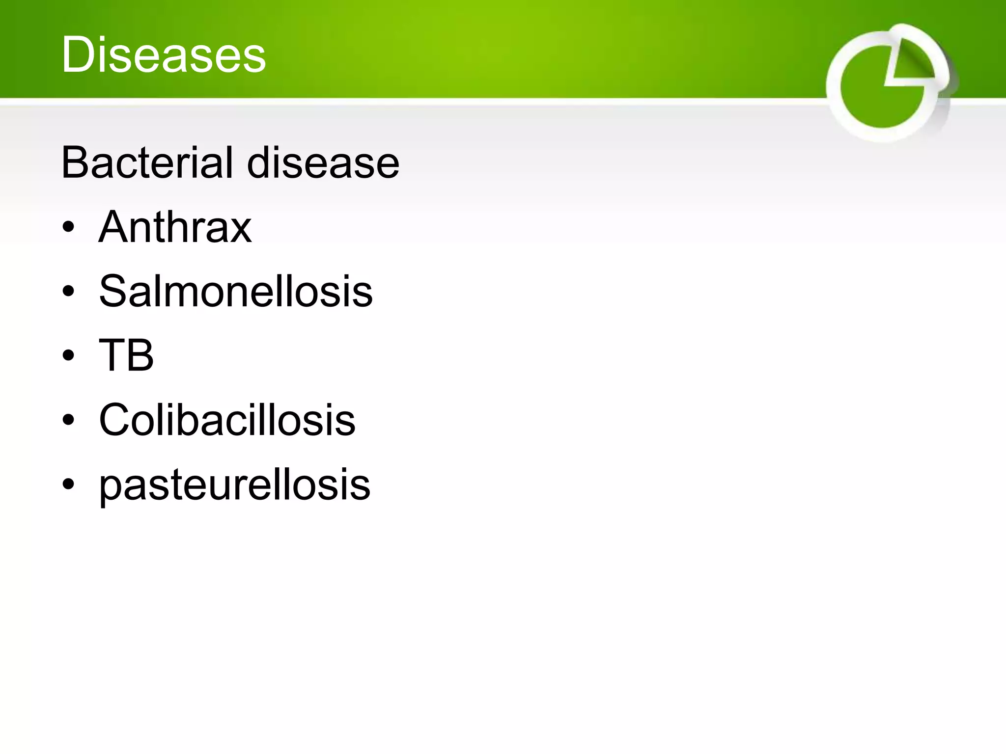 Diseases
Bacterial disease
• Anthrax
• Salmonellosis
• TB
• Colibacillosis
• pasteurellosis
 