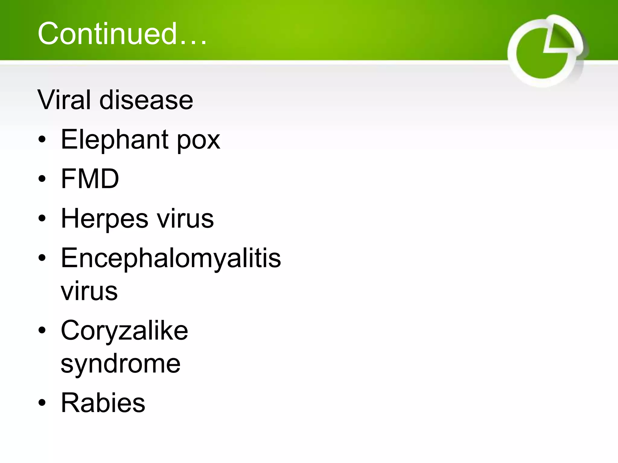 Continued…
Viral disease
• Elephant pox
• FMD
• Herpes virus
• Encephalomyalitis
virus
• Coryzalike
syndrome
• Rabies
 