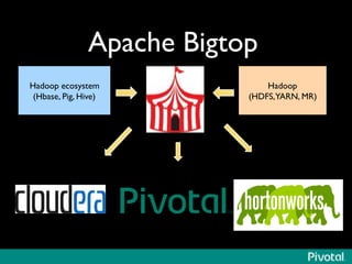 Apache Bigtop	

Hadoop ecosystem	

(Hbase, Pig, Hive)	

Hadoop
(HDFS,YARN, MR)	

 