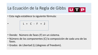 La Ecuación de la Regla de Gibbs
• Esta regla establece la siguiente fórmula:
• L = C - F + 2
• Donde: Número de fases (F) en un sistema.
• Número de los componentes (C) la composición de cada una de las
fases.
• Grados de Libertad (L) (degrees of freedom).
 
