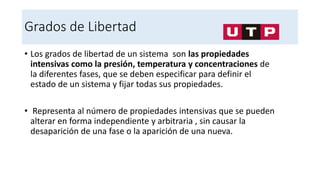 Grados de Libertad
• Los grados de libertad de un sistema son las propiedades
intensivas como la presión, temperatura y concentraciones de
la diferentes fases, que se deben especificar para definir el
estado de un sistema y fijar todas sus propiedades.
• Representa al número de propiedades intensivas que se pueden
alterar en forma independiente y arbitraria , sin causar la
desaparición de una fase o la aparición de una nueva.
 