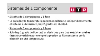 Sistemas de 1 componente
• Sistema de 1 componente y 1 fase
• La presión y la temperatura pueden modificarse independientemente,
el sistema es bivariante, hay 2 grados de libertad.
• Sistema de 1 componente y 2 fases
• Solo hay 1 grado de libertad, es decir que para que coexistan ambas
fases una variable por ejemplo la presión se fija constante por la
elección de una temperatura.
 
