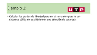 Ejemplo 1:
• Calcular los grados de libertad para un sistema compuesto por
sacarosa sólida en equilibrio con una solución de sacarosa.
 
