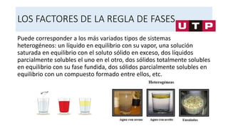 LOS FACTORES DE LA REGLA DE FASES
Puede corresponder a los más variados tipos de sistemas
heterogéneos: un líquido en equilibrio con su vapor, una solución
saturada en equilibrio con el soluto sólido en exceso, dos líquidos
parcialmente solubles el uno en el otro, dos sólidos totalmente solubles
en equilibrio con su fase fundida, dos sólidos parcialmente solubles en
equilibrio con un compuesto formado entre ellos, etc.
 