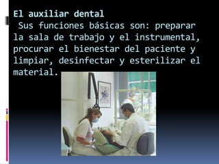 El auxiliar dental 
Sus funciones básicas son: preparar 
la sala de trabajo y el instrumental, 
procurar el bienestar del paciente y 
limpiar, desinfectar y esterilizar el 
material. 
 