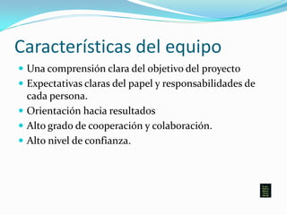 Características del equipo
 Una comprensión clara del objetivo del proyecto
 Expectativas claras del papel y responsabilidades de
cada persona.
 Orientación hacia resultados
 Alto grado de cooperación y colaboración.
 Alto nivel de confianza.
 