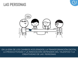 EN LA ERA DE LOS CAMBIOS ACELERADOS, LA TRANSFORMACIÓN DIGITAL
LA PRODUCTIVIDAD Y LA INNOVACIÓN DEPENDEN DEL TALENTOS Y LA
CREATIVIDAD DE LAS PERSONAS
LAS PERSONAS
 
