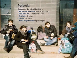 Polonia
Diccionario del intrépido viajero:
- Nie mowię po Polsku: No hablo polaco
- Jede bilet do… : Un billete hacia...
- Dziękuję : Gracias
- Proszę: Por favor
- Woda niegazowana: Agua sin gas
 