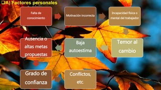 Falta de
conocimiento
Motivación incorrecta
Incapacidad física o
mental del trabajador
Temor al
cambio
Baja
autoestima
Ausencia o
altas metas
propuestas
Grado de
confianza
Conflictos,
etc.
A) Factores personales
 