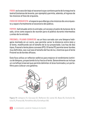 68 EL ESCENARIO: LUGAR DE TRABAJO EN EQUIPO
FOSO: es la sección bajo el escenario que contiene parte de la maquinaria
teatral (sistemas de levante, por ejemplo) y permite, además, el ingreso de
los músicos al foso de orquesta.
FOSO DE ORQUESTA: el espacio que alberga a los músicos de una orques-
ta y separa formalmente el escenario del público.
FOYER: hall situado entre la entrada y el acceso al patio de butacas de la
sala, sirve como espacio de reunión para el público durante intermedios
y antes de la entrada.
FRESNEL / PLANO CONVEXO: es un foco cerrado con una lámpara haló-
gena montada en un carro, que permite variar la distancia entre ésta y
el lente, modificando así el tamaño de la luz proyectada. Los hay de dos
tipos, Fresnel o lente plano convexo (PC). El lente PC permite tener bordes
muy definidos, sea cual sea el tamaño del haz de luz, mientras que el lente
Fresnel es de bordes difusos.
Este foco utiliza un reflector esférico para mejorar el rendimiento lumíni-
co de lámpara, proyectando la luz hacia el lente. Generalmente se incluye
un cortaflujo (viseras) que permite delimitar el área iluminada y un porta-
filtro para colocar una gelatina.
10
9
8
7
6
2
3
1
5 4
11
Figura 11: Lámpara (1), Carcasa (2), Reflector (3), Lente (4), Base (5), Enchufe (6),
Lira (7), Prensa (8), Portafiltro (9) y Cortaflujo (10).
 