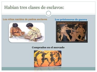Habían tres clases de esclavos:
Los niños nacidos de padres esclavos Los prisioneros de guerra
Comprados en el mercado
 