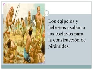 Los egipcios y
hebreros usaban a
los esclavos para
la construcción de
pirámides.
 