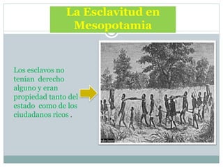 La Esclavitud en
Mesopotamia
Los esclavos no
tenían derecho
alguno y eran
propiedad tanto del
estado como de los
ciudadanos ricos .
 
